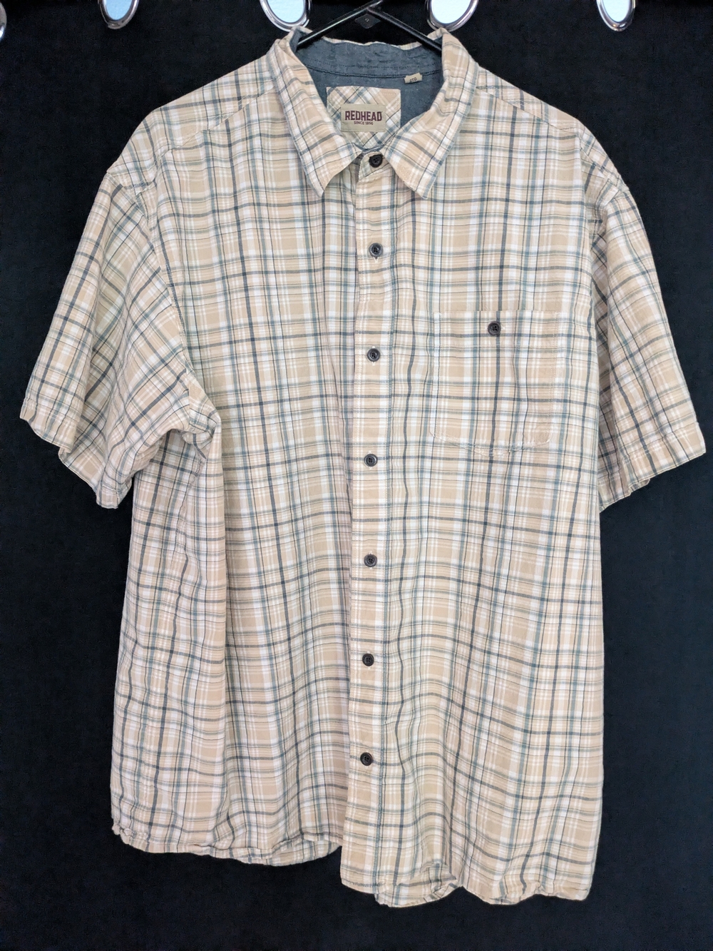 RedHead Men's Short-Sleeve Plaid Button-Down Shirt in Beige & Green 100% Cotton